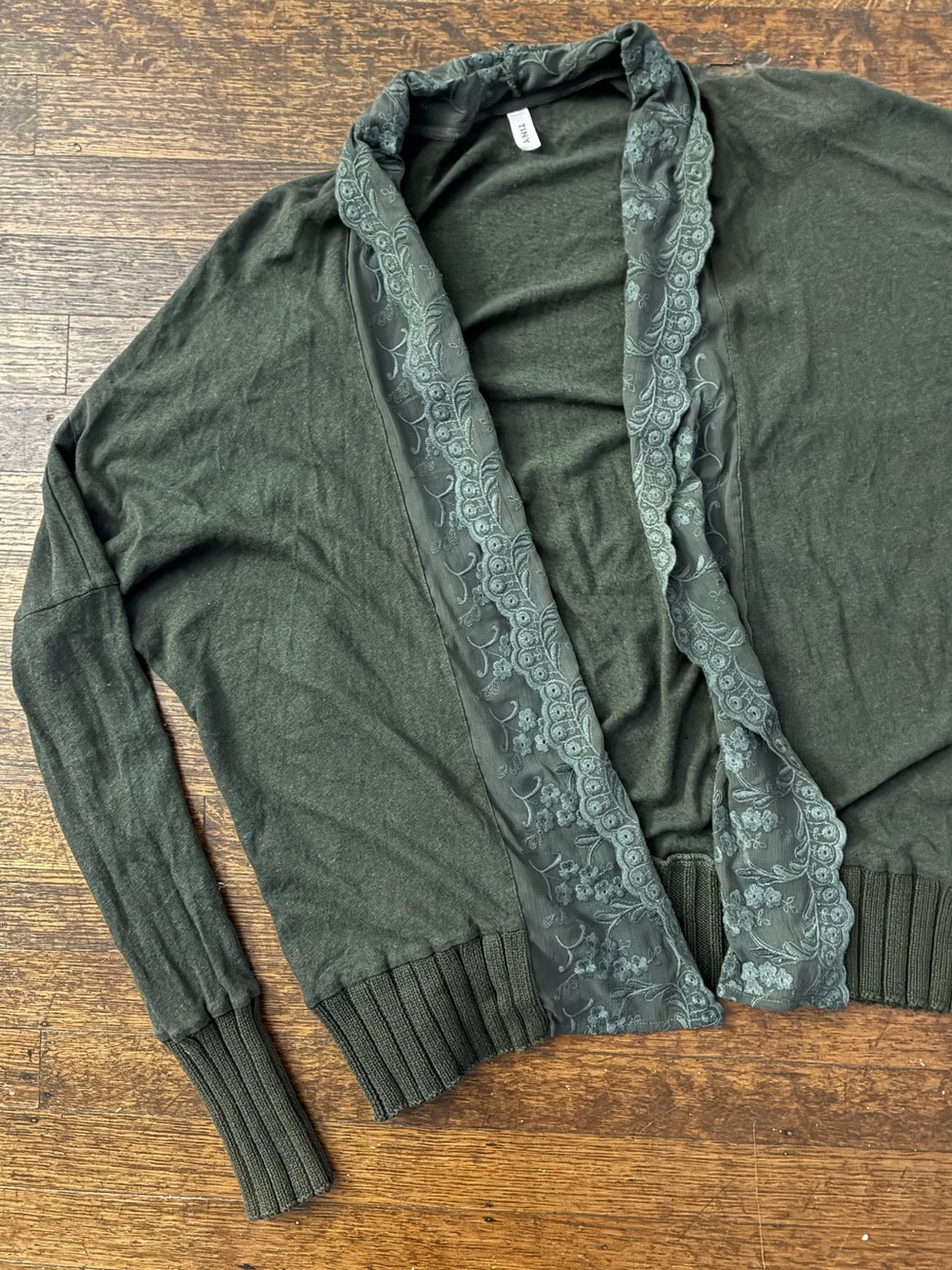 Anthropologie Tiny Green Lace-Trim Linen Open Cardigan Sweater